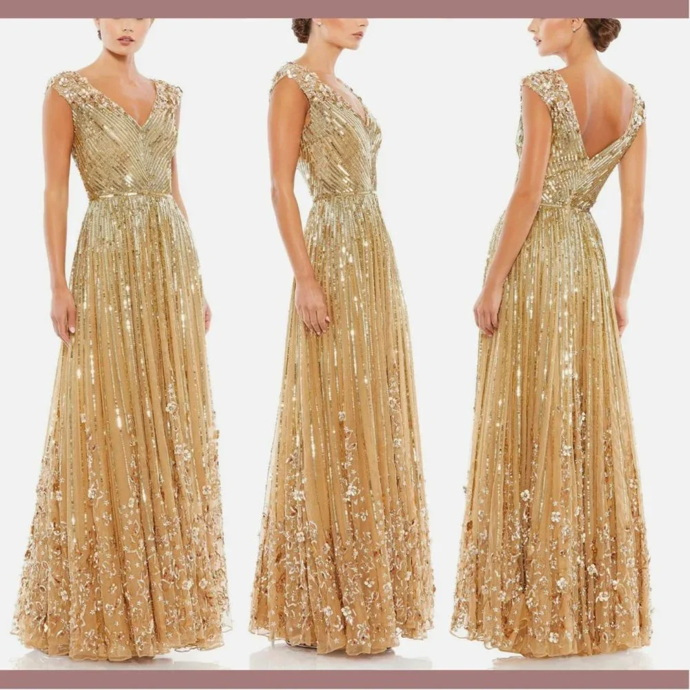 NWT $798 Mac Duggal [ 8 ] Sequin & Floral‎ Embellished Evening Gown Gold